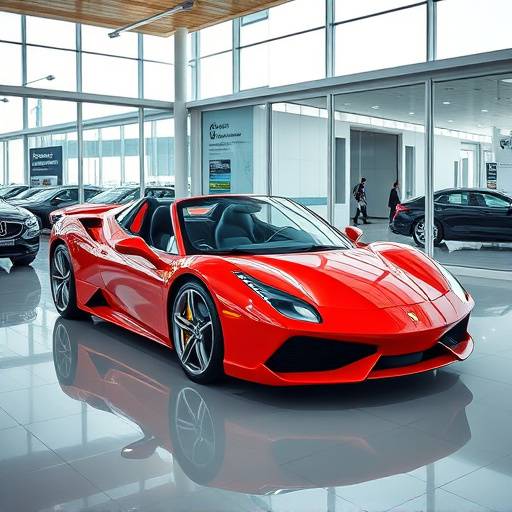 A brand new red sports car parked in a showroom