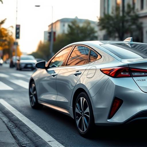 A fuel-efficient silver hybrid car parked in a city street