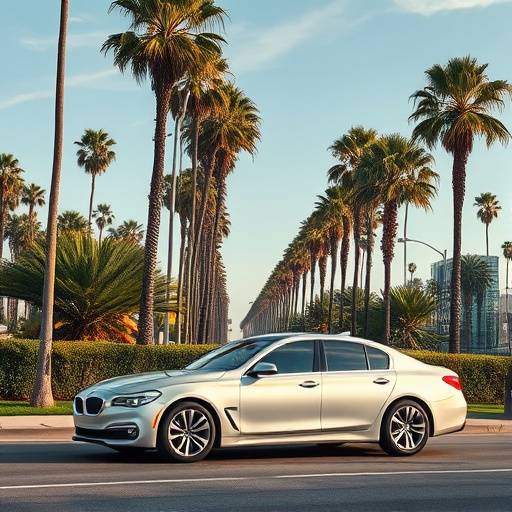 A sleek, modern silver sedan parked in front of a palm-lined street in Los Angeles