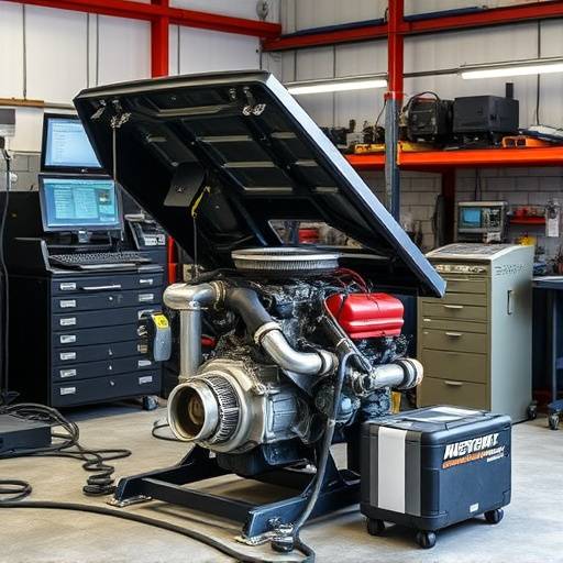 Car undergoing engine diagnostics with computer equipment