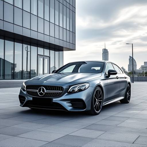 Grey 2022 Mercedes-Benz C-Class parked in front of a modern building.