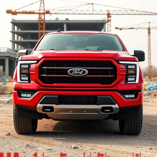 Red 2021 Ford F-150 parked on a construction site.