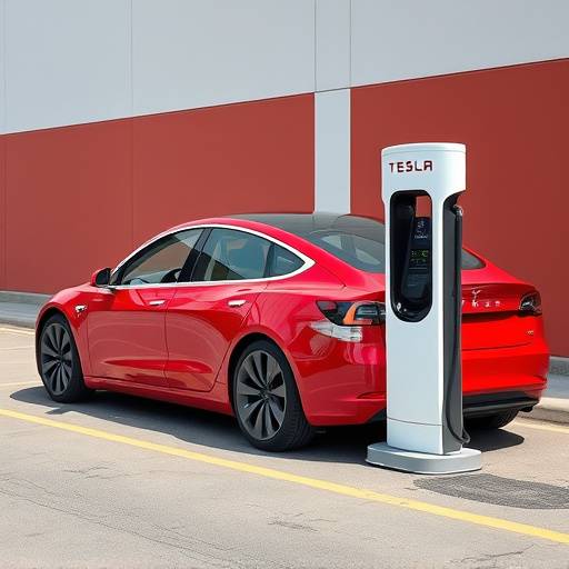 Red 2023 Tesla Model 3 parked at a charging station.
